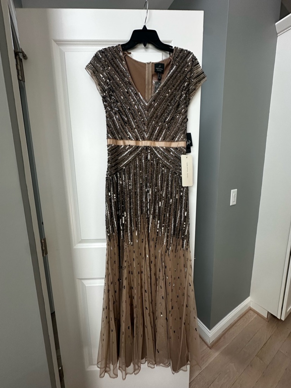 Adrianna Papell Taupe Sequin V-Neck Maxi Dress